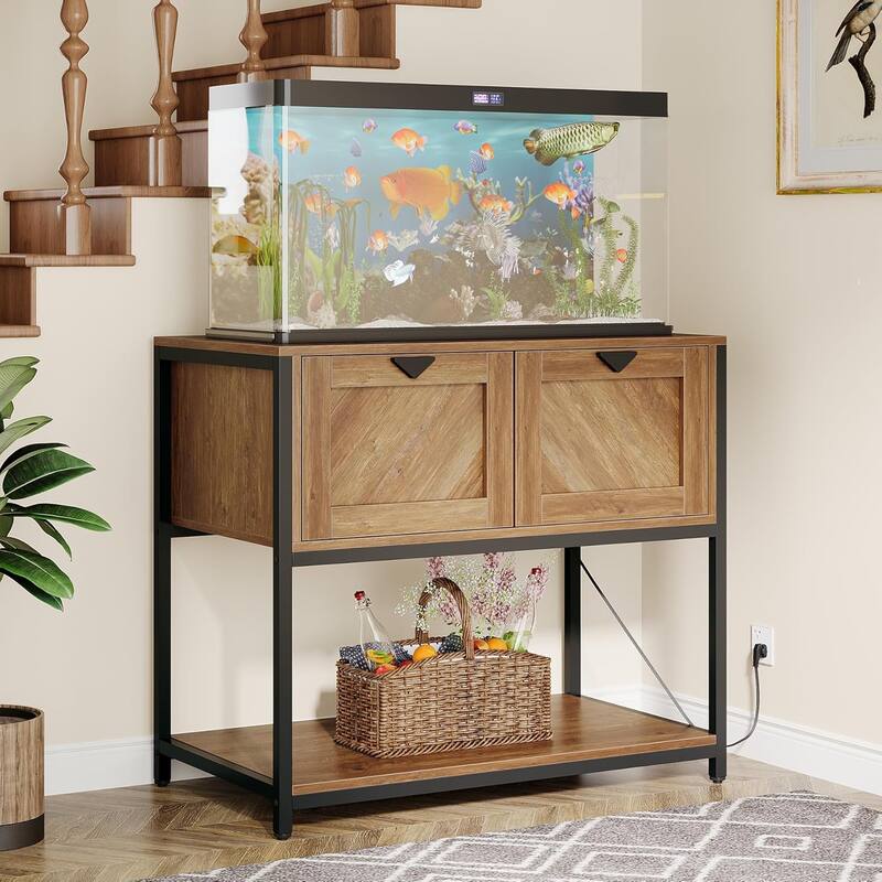 20-29-37 Gallon Fish Tank Stand with Power Outlets, Large Wood Aquarium Stand with Cabinet Storage