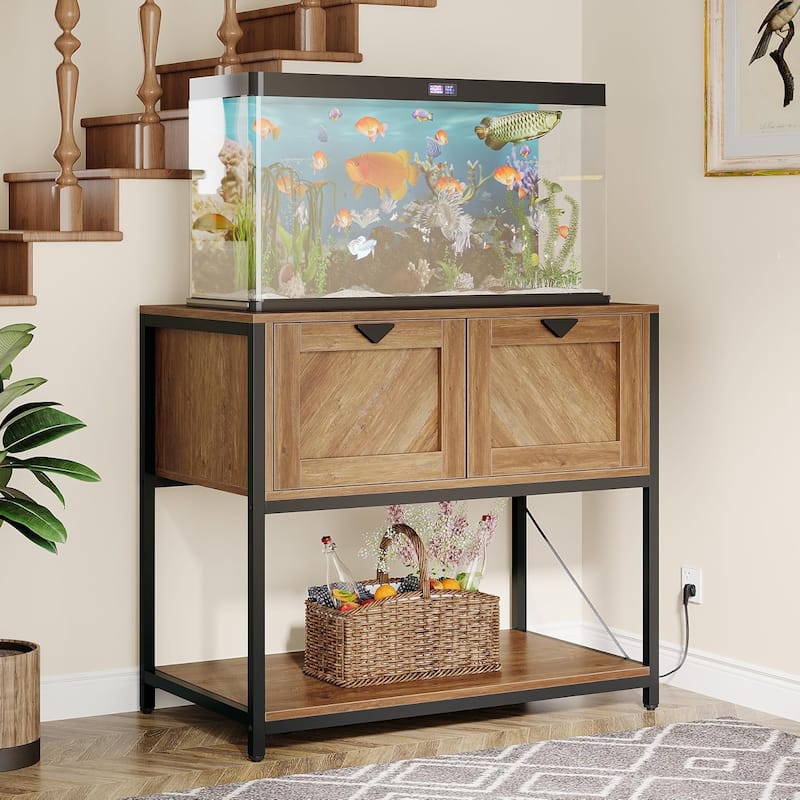 Large Wood Fish Tank Stand, 20-29-37 Gallon Aquarium Stand with Power Outlets & Cabinet Storage