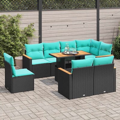 vidaXL 9 Piece Patio Sofa Set with Cushions Black Poly Rattan - 21.7 x 24.4 x 27.2