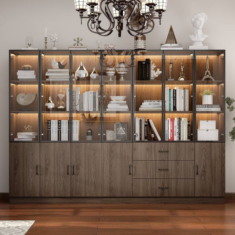 LED-Lit Wood Grain Cabinet - Configurable Storage for Home or Office