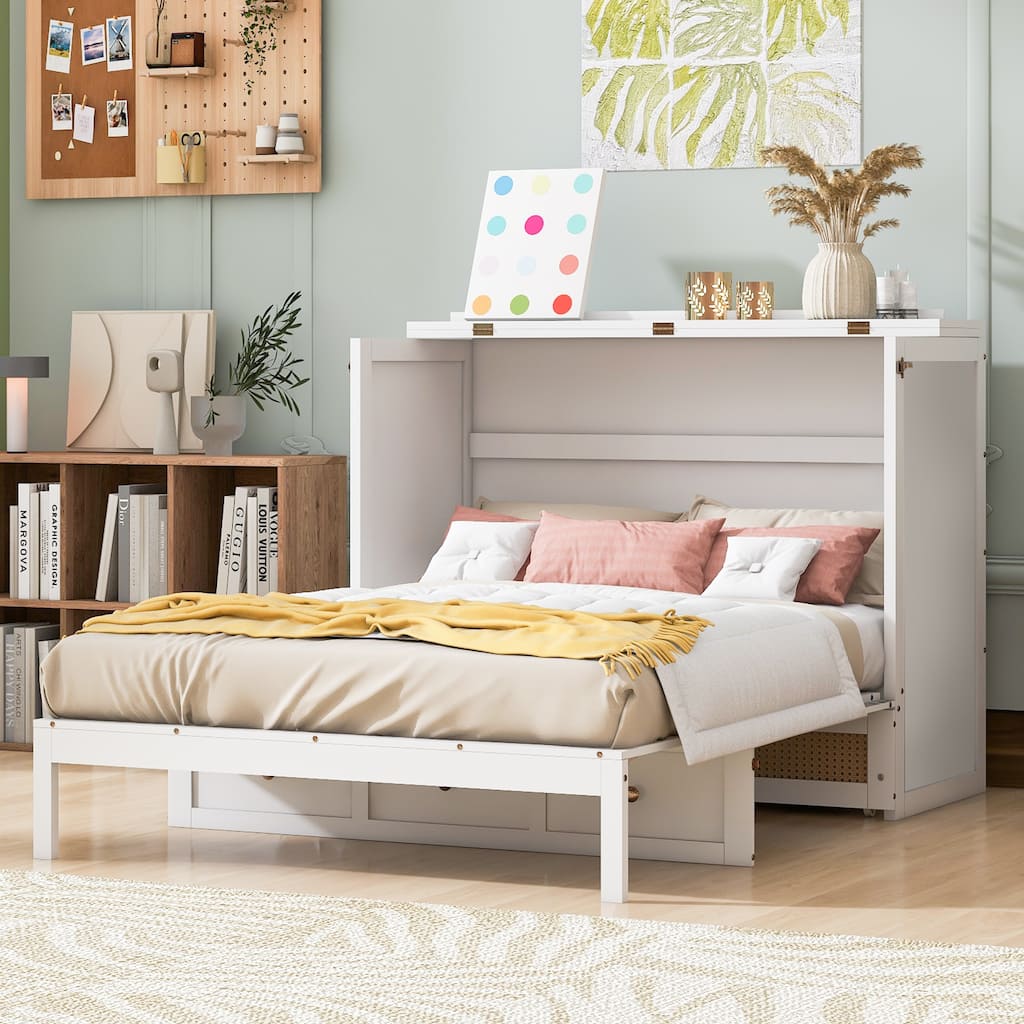 White Murphy Bed with Drawer, Rattan Patterned Full Size Bed