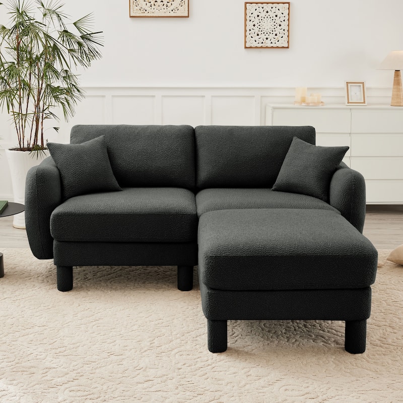 Loveseat Sofa, 78" 2-Seater Upholstered Couch Modern Sectional Couches with Shell-shaped Armrests for Living Room - Dark Grey-1 Ottoman