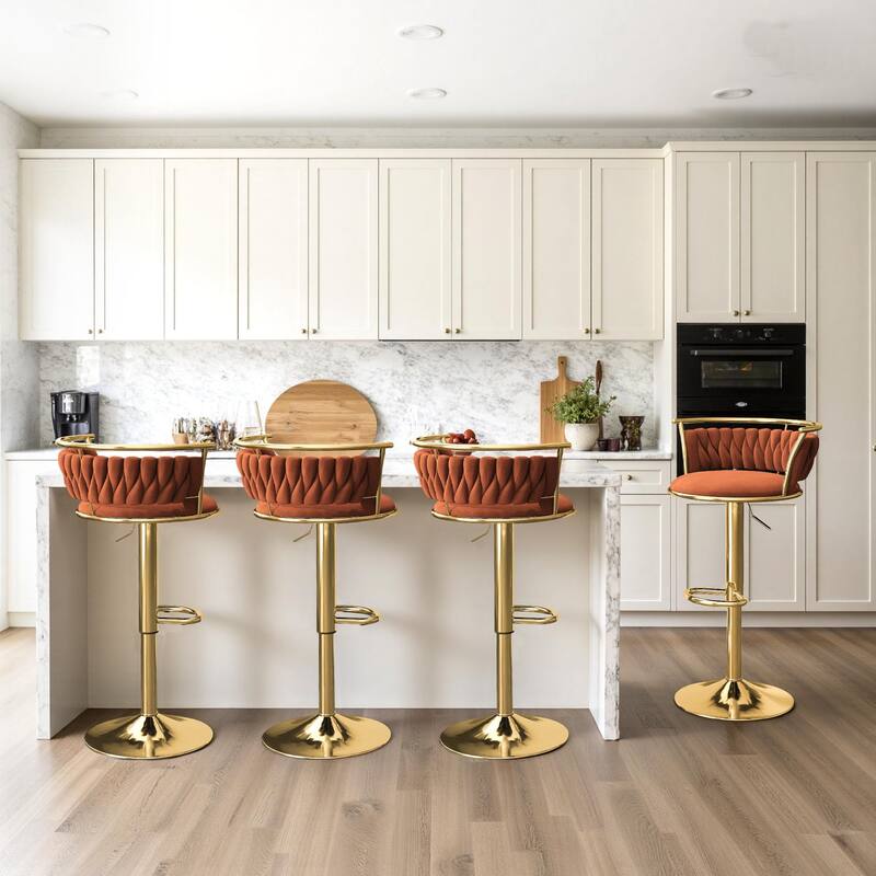 4 Set Modern Velvet Adjustable Swivel Bar Stools with Metal Frame