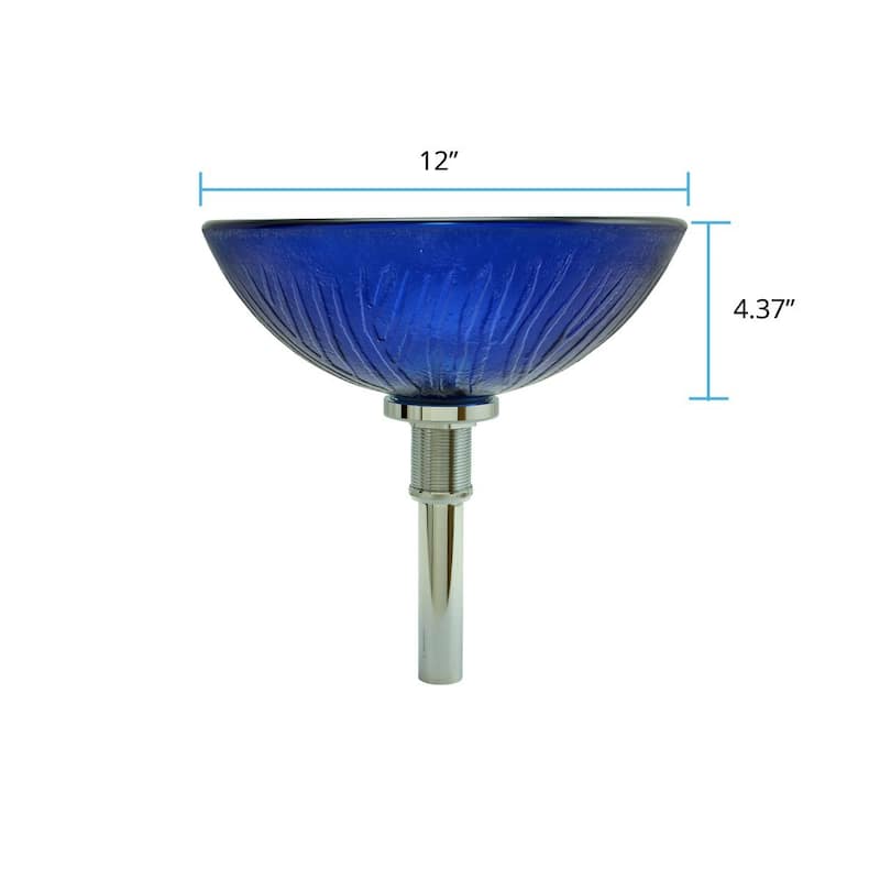 Vessel Sink Blue Tempered Glass Artistic Round Frosted Glass Bathroom Countertop 12" x 12" x 4.88" with Pop-Up Drain