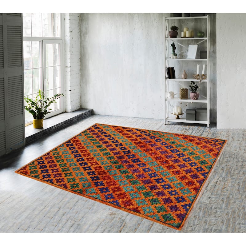 Modern Balochi Fry Orange/Blue Hand Knotted Wool Rug - 3'4'' x 4'10''