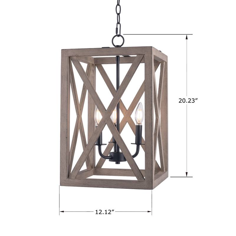 Adjustable 3-Light Wood Candle Rectangle Chandelier