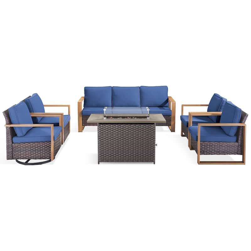 Meyreso Wicker Outdoor Patio Fire Pit Set with Swivel Gliders and Olefin Cushions