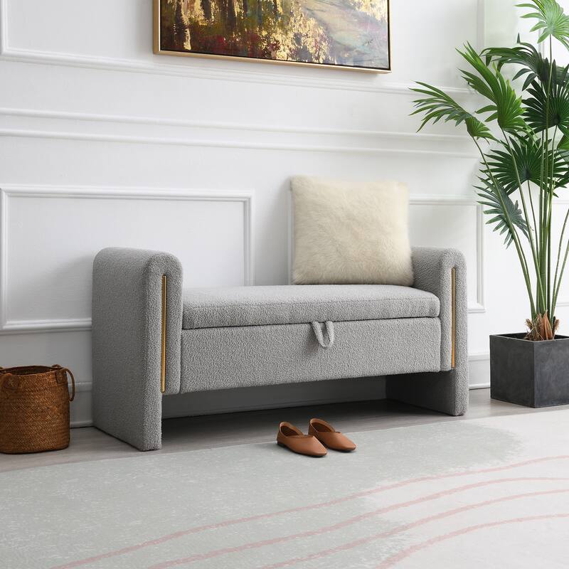 Modern Teddy Bench with Arms and Storage, Upholstered Large Foot Rest Stool, Comfy Window Vanity Bench
