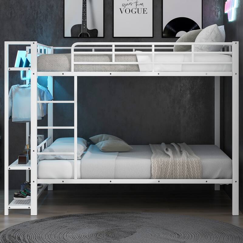Full Size Metal Bunk Bed with Storage Mesh Shelves and Clothes Hooks,LED Light,White