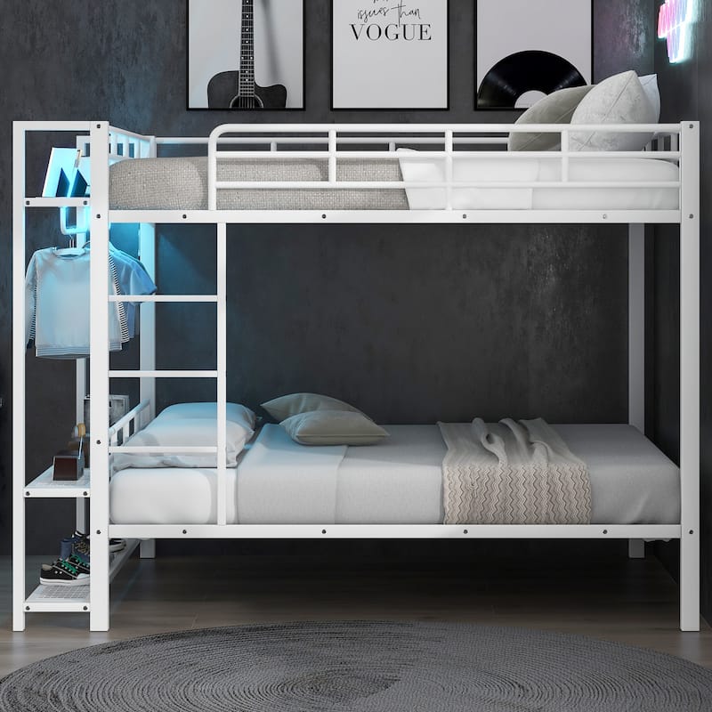 Full Size Metal Bunk Bed with Storage Shelves, Clothes Hooks & LED Lights - Space-Saving Design - White