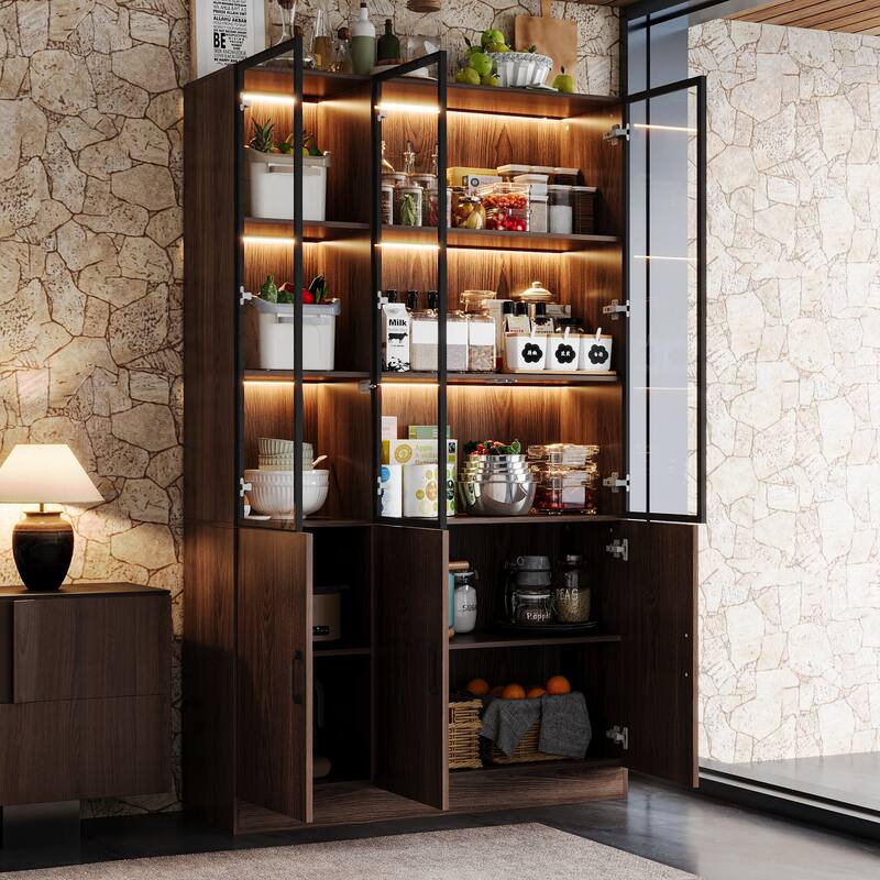 Bookshelves Bookcase Modular Glass Display Cabinet with LED Lights, Dark Wood Storage Combination Cabinet System