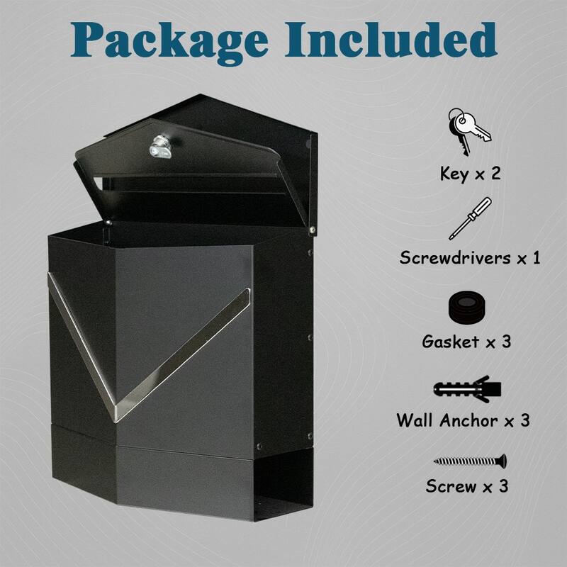 Modern Outdoor Black Metal Secure Locking Wall-Mount Mailbox With Stainless Steel V-Shape Futuristic Design For Home or Office