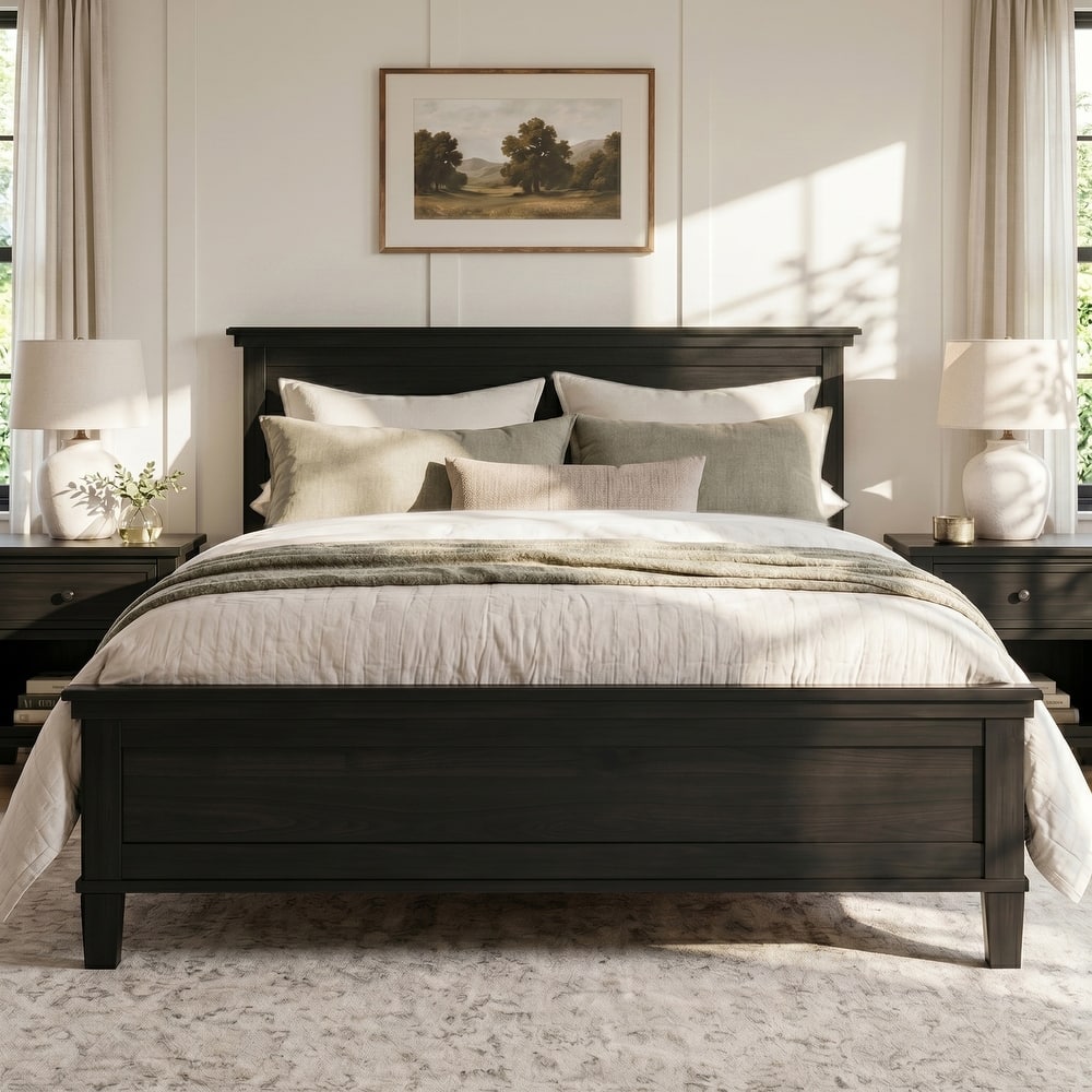 Modern Wood Platform Bed,Farmhouse Style Bed Frame with Headboard and Wood Slat Support