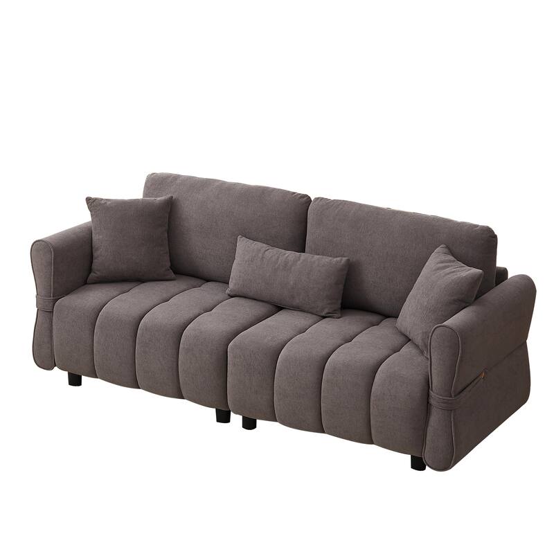 80'' Chenille Fabric Sofa with Lumbar Pillow, 3-seater Upholstered Sofa Chaise with 2 Cushions for Livingroom