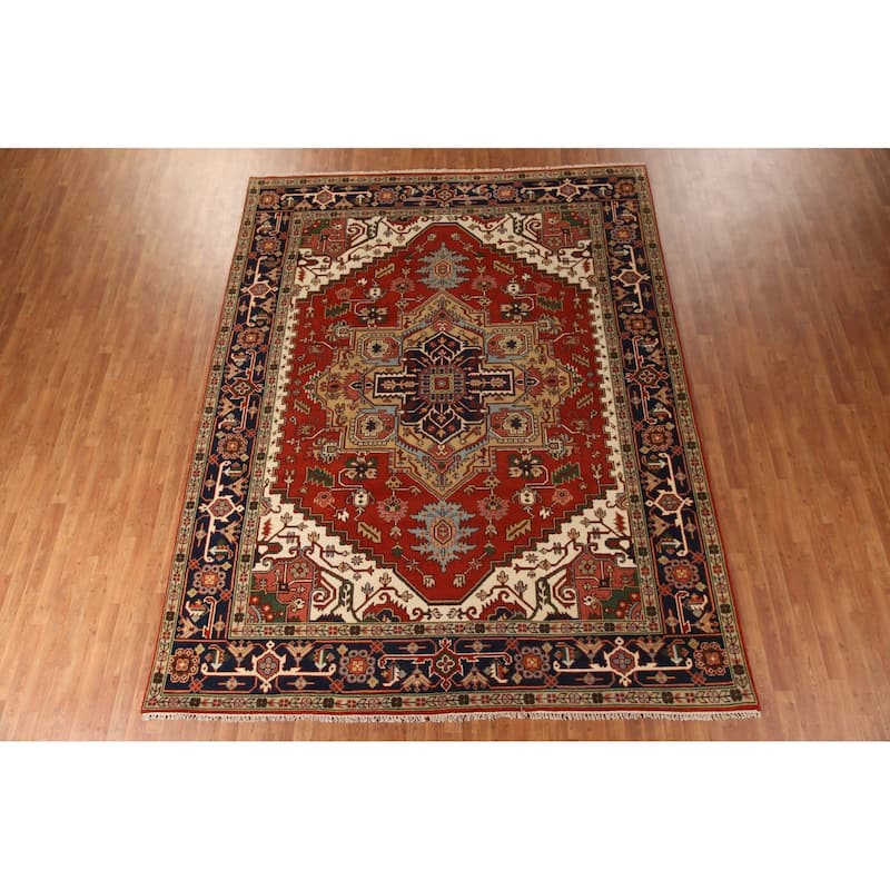 Orange Geometric Heriz Serapi Area Rug Handmade Oriental Wool Carpet - 9'0"x 11'8"