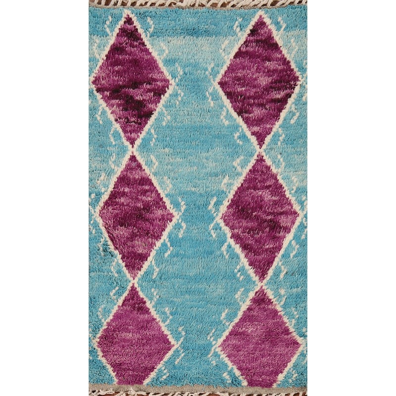 Geometric Moroccan Accent Rug Hand-Knotted Wool Carpet - 2'10" x 5'4"