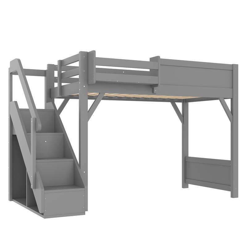 Twin Size Loft Bed with Built-in Wardrobe and Storage Space, Solid Wood Loft Bed with Beside Shelves