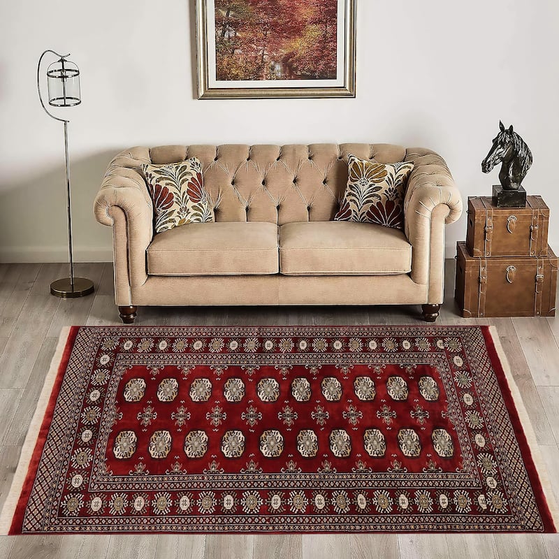 Rustic Bokhara Russo Red/Gray Hand Knotted Wool Rug - 4'0'' x 5'9''