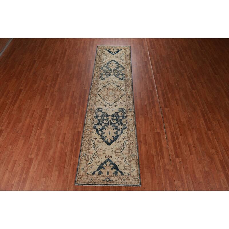 Hand Knotted Oriental 100% Wool Carpet Transitional All-Over Beige & Ivories Oushak Runner Rug - 11' 7'' X 2' 10''