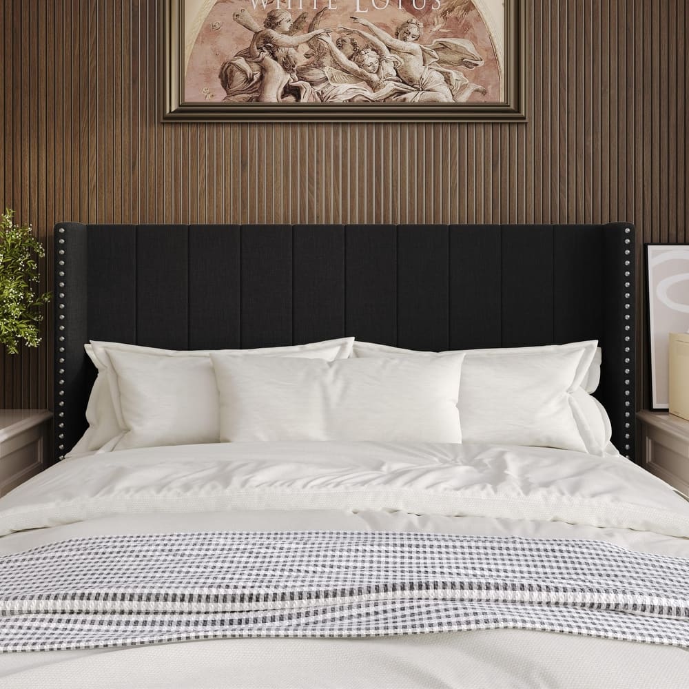 Clayfell Ipswich Upholstered Wingback Headboard with Nailhead Trim, Modern Vertical Channel Tufting, Easy Assembly