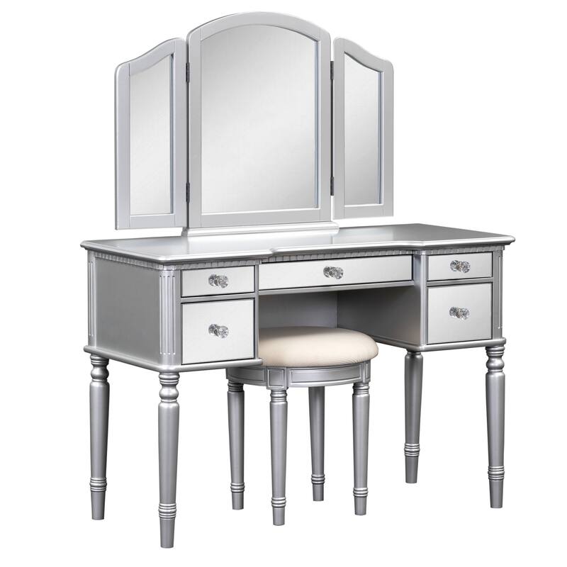 43-Inch Makeup Vanity Set with Adjustable Tri-fold Mirror, Mirrored Drawers, and Soft Cushioned Stool