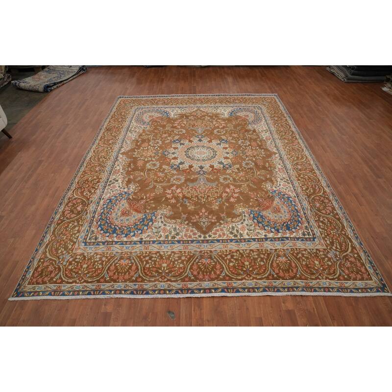 Hand Knotted Oriental 100% Wool Carpet Traditional Floral Brown Mashad Area Rug - 12' 9'' X 9' 9''