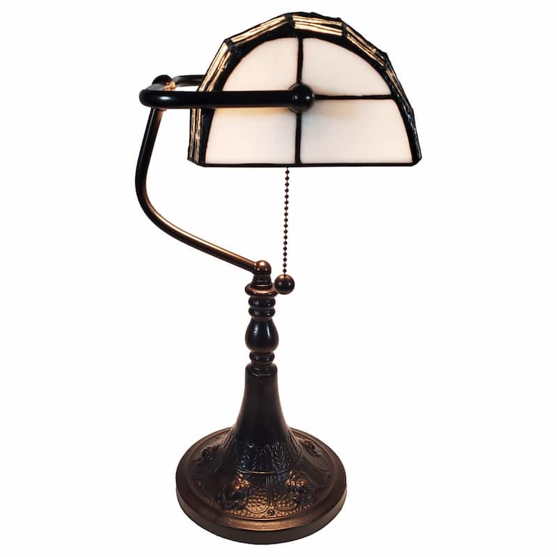 Dark Brown Resin Table Lamp with White Silver-Stained Glass Shade - 11” x 13” x 16” (D x W x H)