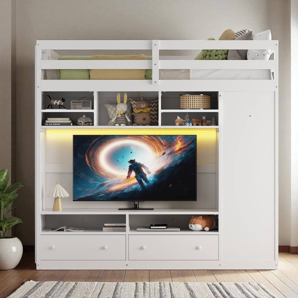 Full Size Loft Bed with Storage Wardrobe, Drawers, Shelves and Remote-Control LED Light, No Box Spring Needed