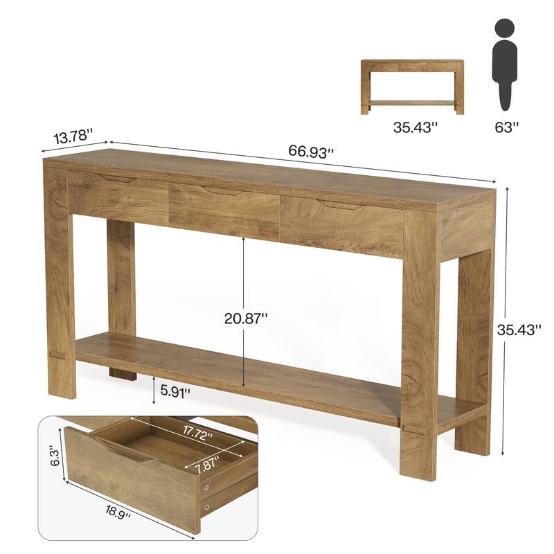 Console Table with 3 Drawers, 67'' Long Sofa Table Behind the Couch with Storage Shelf