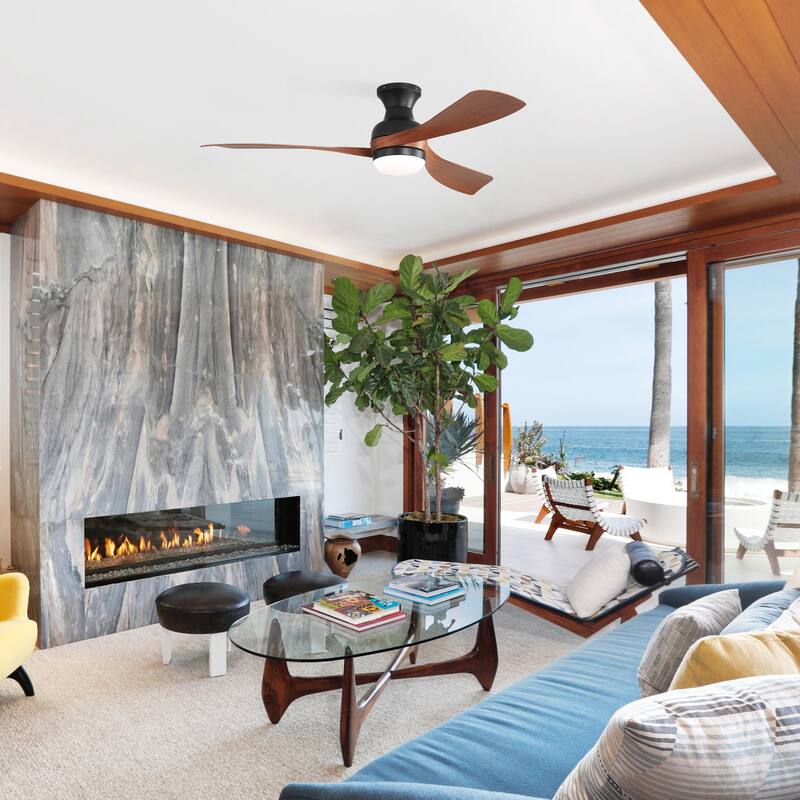 52-Inch Ceiling Fan With Light And Remote Control,With 3 ABS Fan Blades,Flush Mount Ceiling Fan with Reversible DC Motor - Black