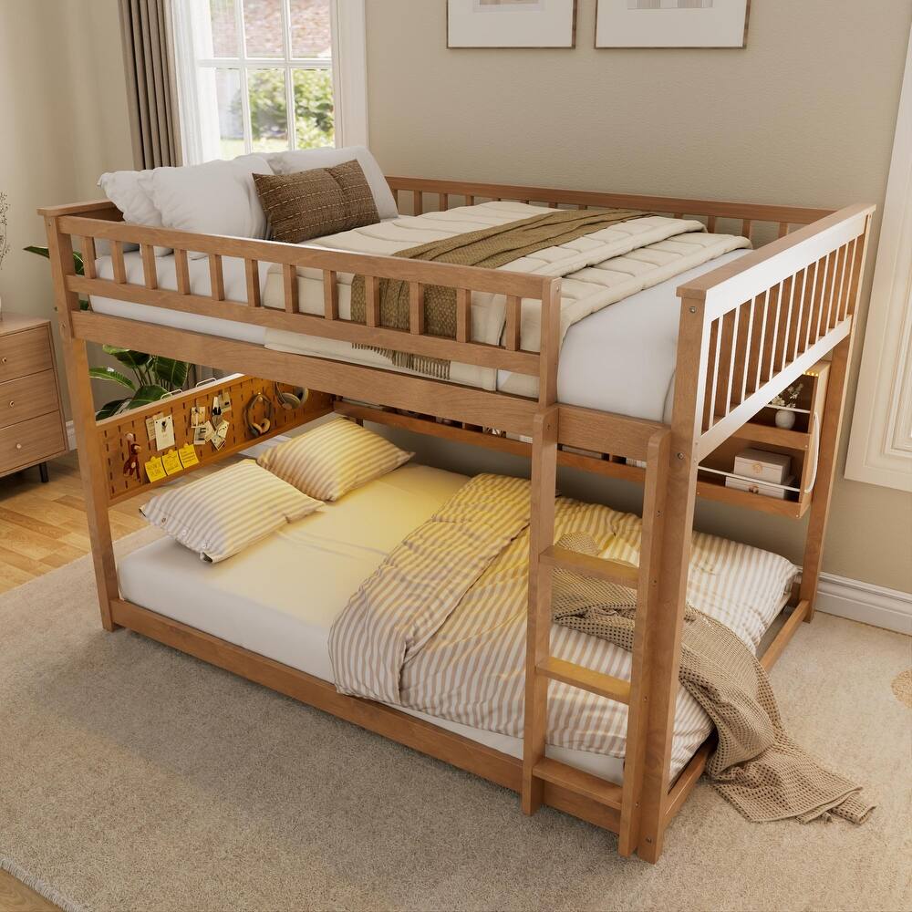 Full XL over Queen/Full over Full Bunk Bed with Integrated Shelving, Color-Changing Lights & Pegboard