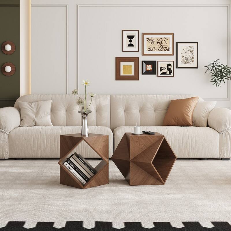 Polygonal Storage Art Side Table Modern Minimalist Wood-grain Sofa End Tables Creative 3d-shaped Living Room Storage Side Table
