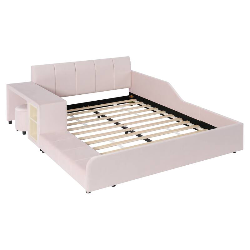 Queen/Full Mother & Child Bed with Bedside Desk, Velvet Upholstery & Round Stool