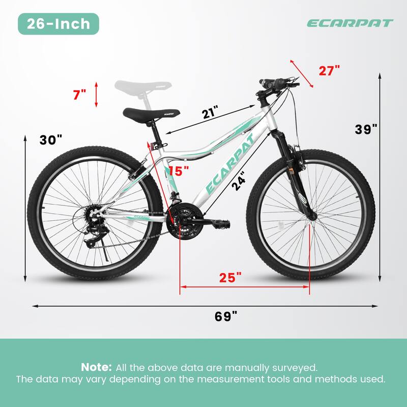 Mountain Bike - Carbon Steel Frame, 21-Speed, V-Brake, Front Suspension, Teenagers/Girls/Women - 26