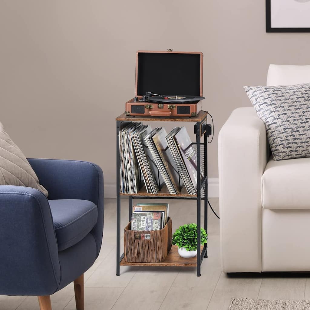 3-Tier Vinyl Record Player Stand with Charging Station
