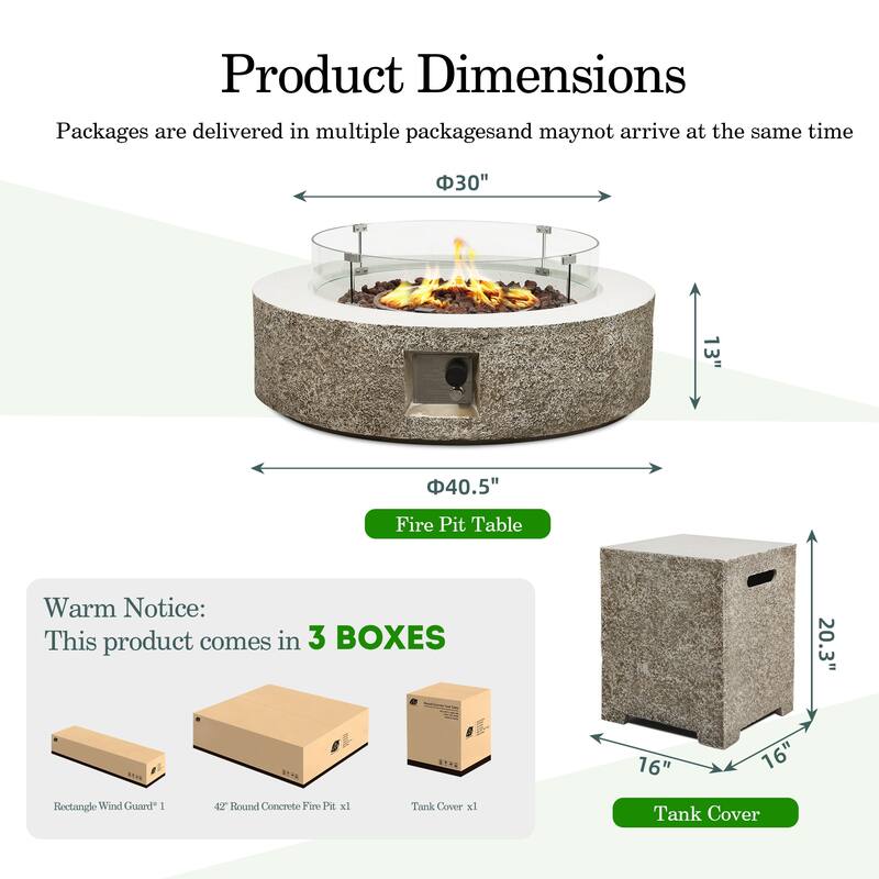 Patio Watcher 42in. Outdoor Round Magnesium Oxide Fire Pit Table with Gas Tank Cover and Wind Guard