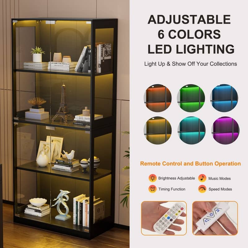 Display Cabinet with Lock, Glass Display Case with Adjustable LED