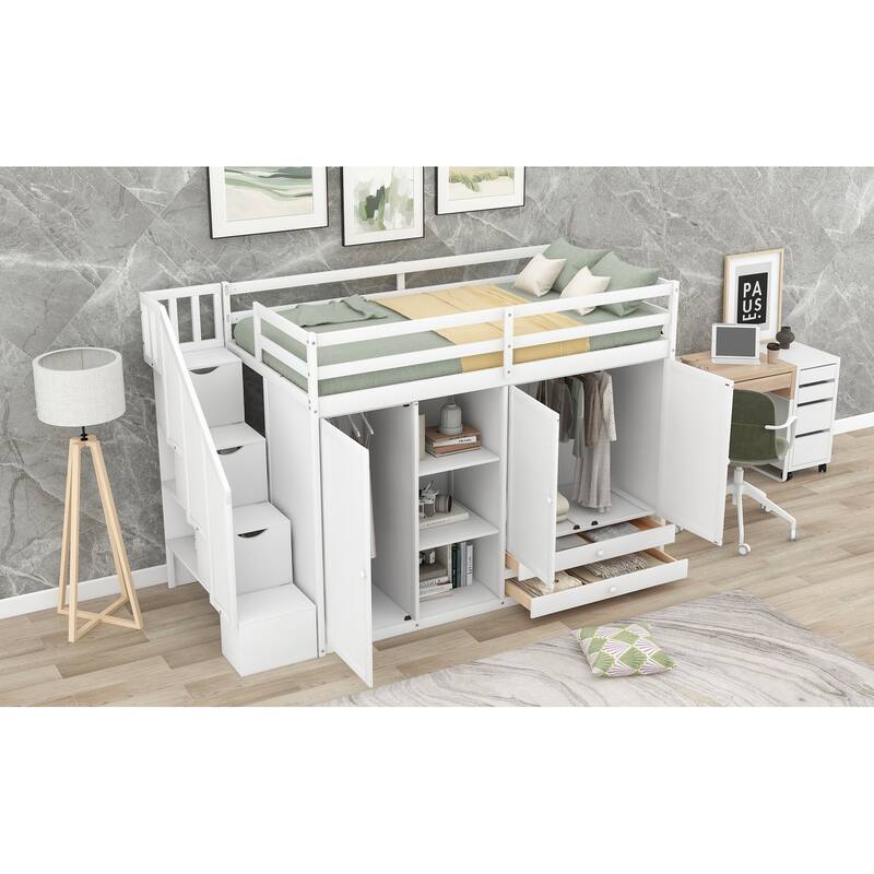 Space-Saving Loft Bed with Shelves, Wardrobes, Drawers, and Storage Ladder, White