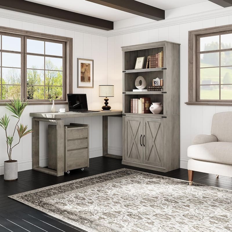 5 Tier Vintage Bookshelf Tall Farmhouse Bookcase with Doors - N/A