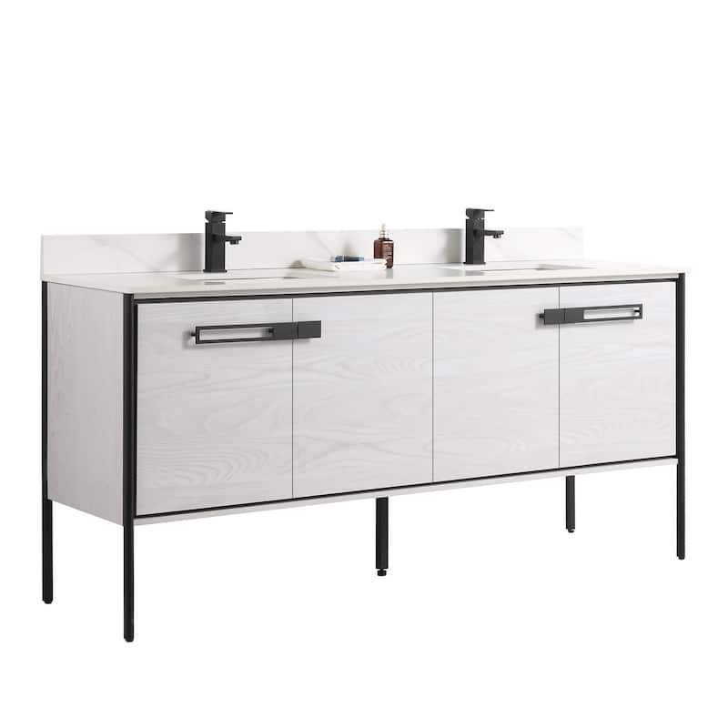 Fine Fixtures Oakville Bathroom Vanity with White Ceramic Sink - 72 Inch - Mild Grey Oak - Black Hardware