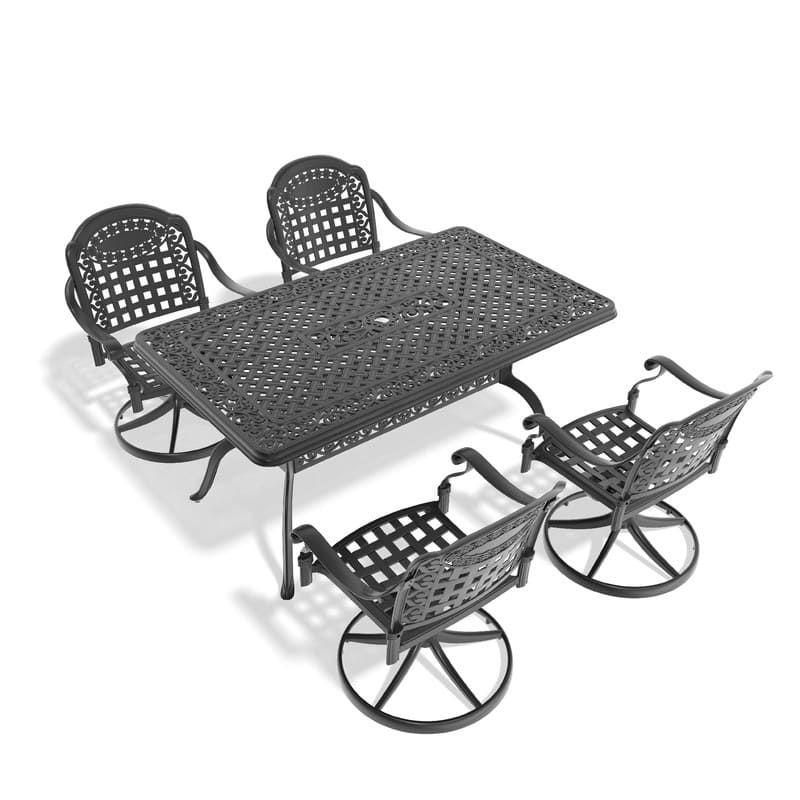 5-Piece Aluminum Rectangular Outdoor Patio Dining Set, 4 Cushioned Swivel Chairs, Table, All-Weather Frames