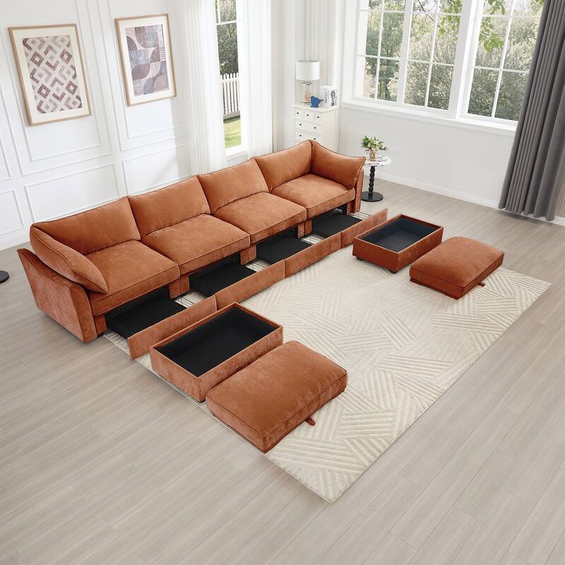 GDFStudio - Chenille U-Shaped 4-Seater 146.4" Modular Sofa with 2 Ottomans and Storage Drawers