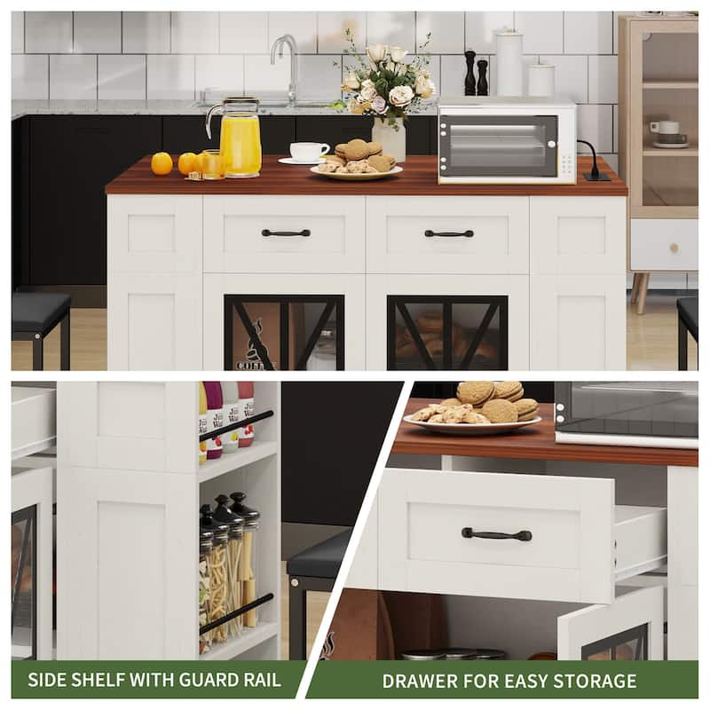 Moasis 3 PCS Kitchen Island Set with 2 Bar Stools,Moible Table with Drop Leaf & Power Outlet