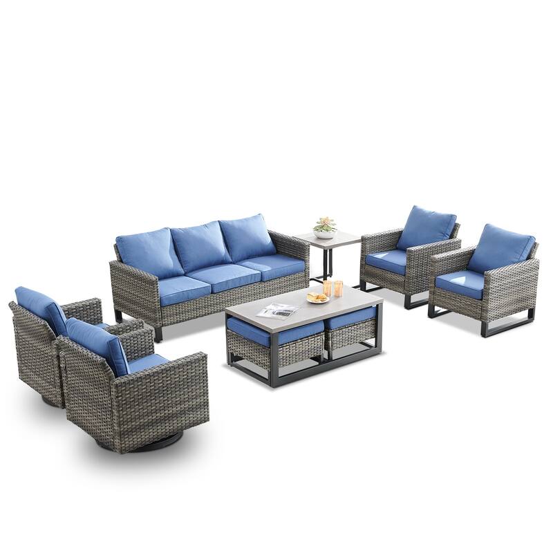 Gymojoy PE Wicker Sofa Rocking Chair Ottoman Set of 9