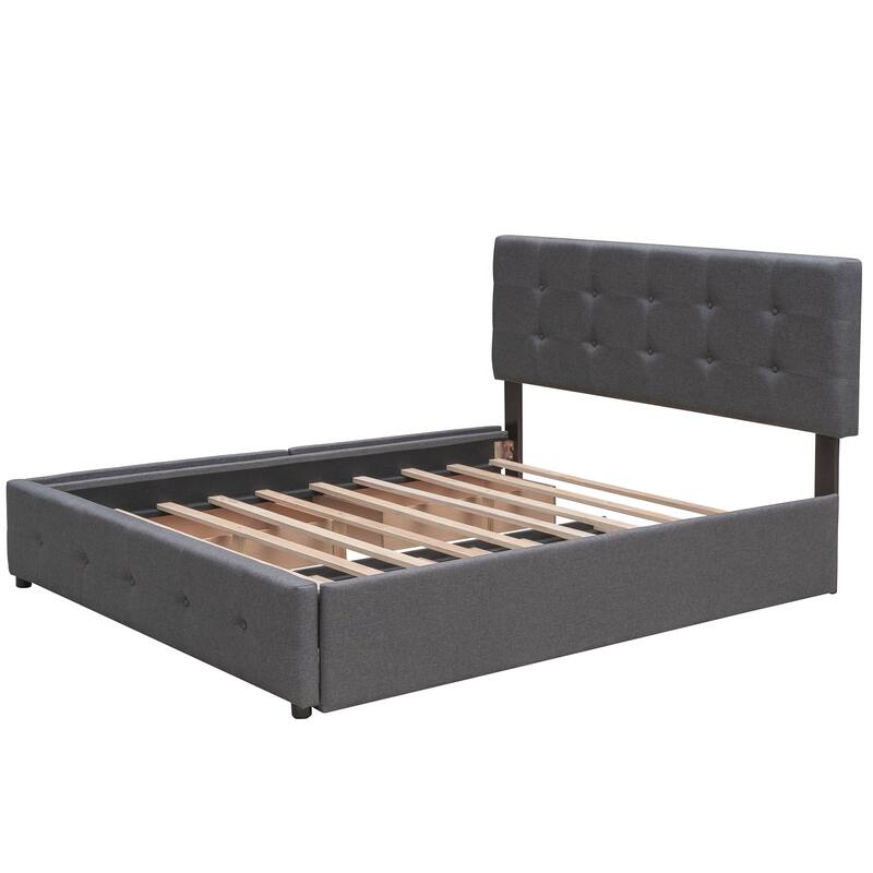 Upholstered Queen Platform Bed with 2 Drawers, Twin XL Trundle, and Button-Tufted Headboard, Linen Fabric, Sturdy Frame