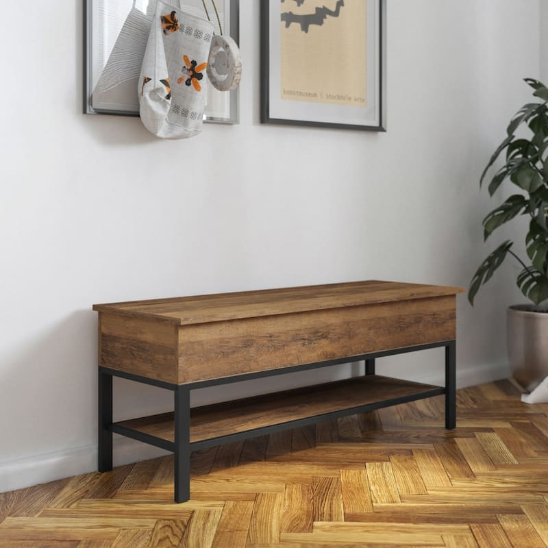 Farmhouse Entryway Bench with Hinged Lift Top and Storage - Rustic Oak