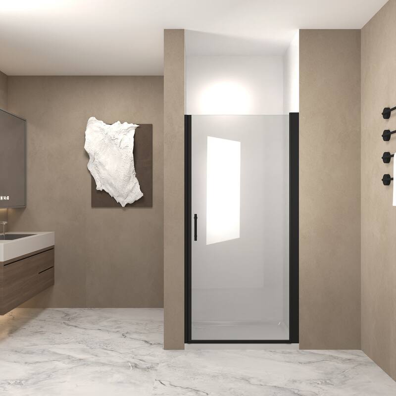 31-30"x 72" Pivot Shower Door, Aluminum Frame, Half Frame ,1/4"(6mm) Tempered Glass Explosion Proof Film,Stainless Steel Handle - Matte Black