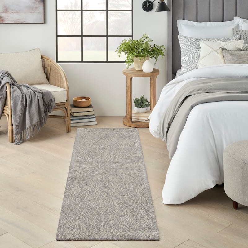 Michael Amini Star Contemporary Textured Botanical Abstract Glam Area Rug - 2'3" x 8' - Slate/Teal
