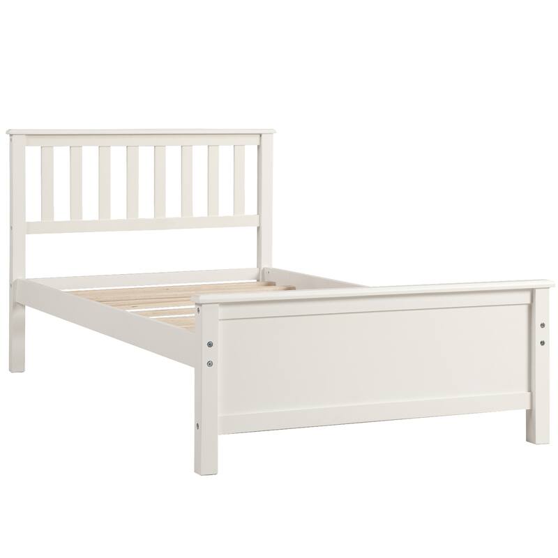 White Twin Size Wood Platform Bed with Headboard and Footboard, Solid Pine Wood Construction, Walnut Finish