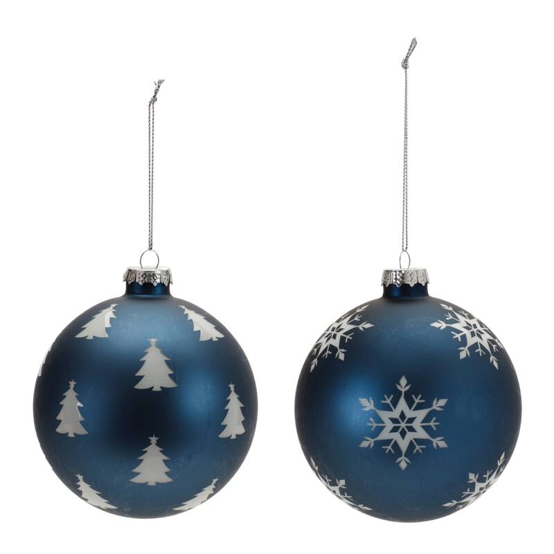 Snowflake and Pine Tree Glass Christmas Ball Ornaments - Blue - 4" (110mm) - 6ct